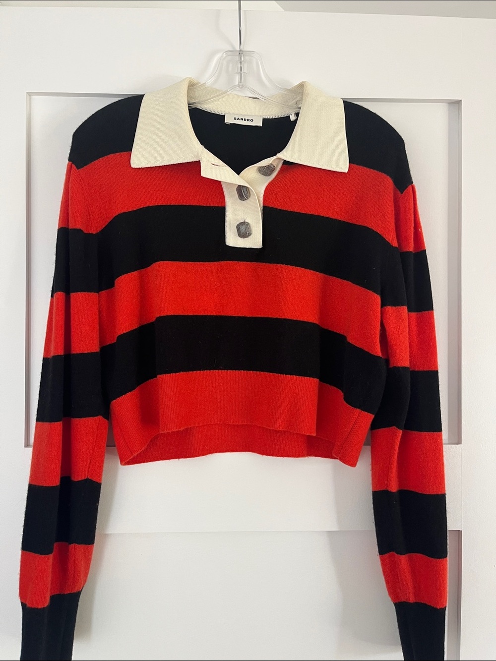 Austin Stripe Wool Blend Polo sweater Sandro Red & Black Cropped Size 2 (medium)